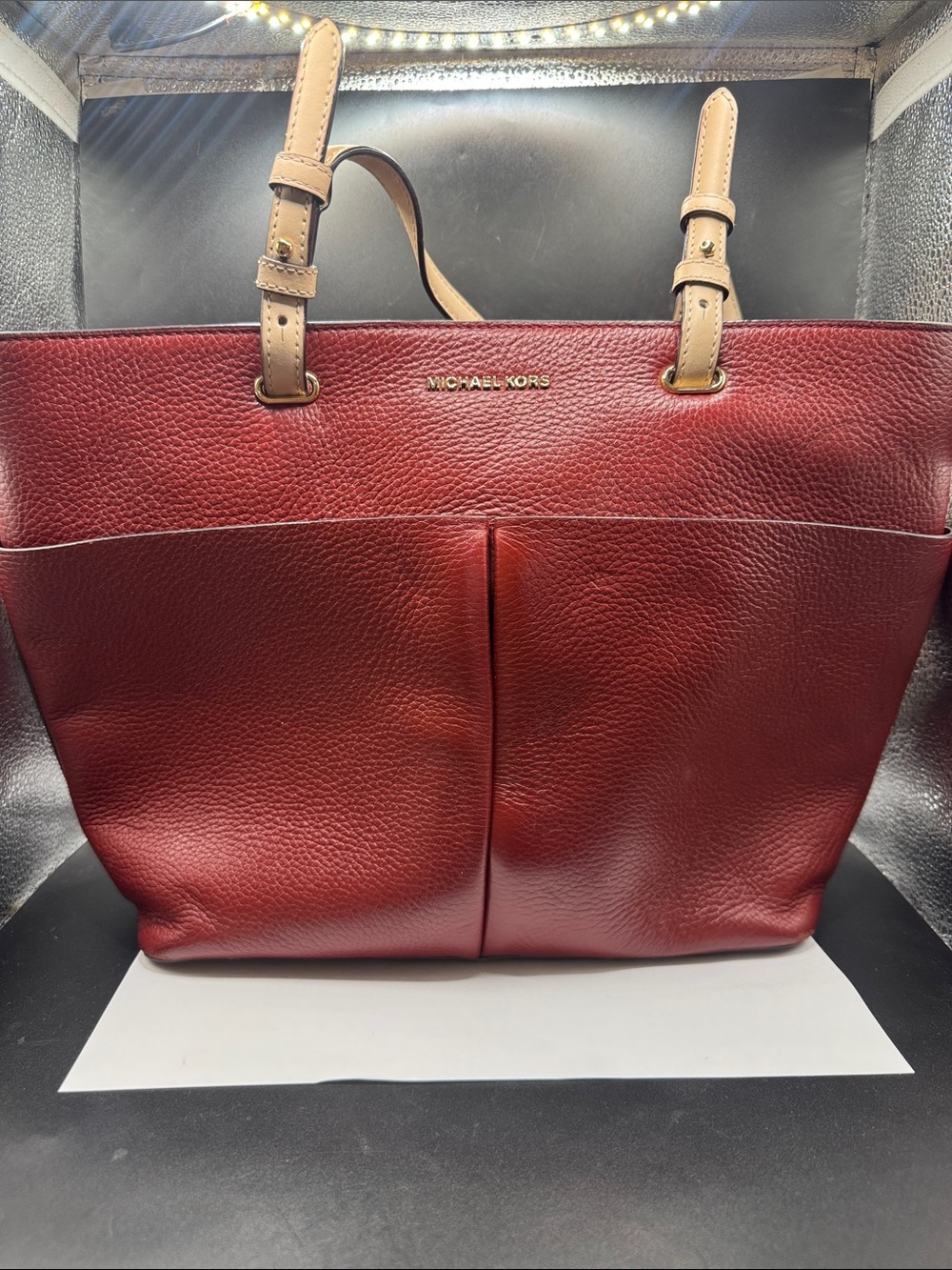 Michael Kors Red Leather Tote with Tan Strap Accents retail $198